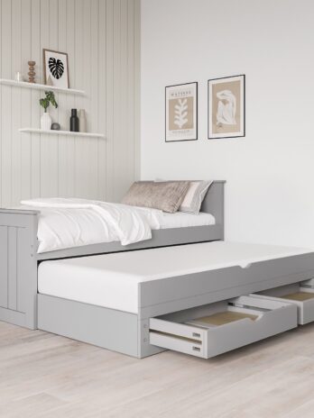 Single Grey Wooden Guest Bed with Storage and Trundle – Sander