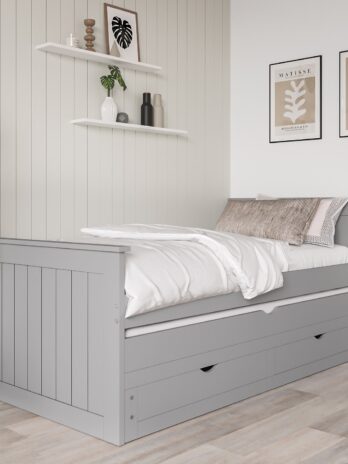 Single Grey Wooden Guest Bed with Storage and Trundle – Sander