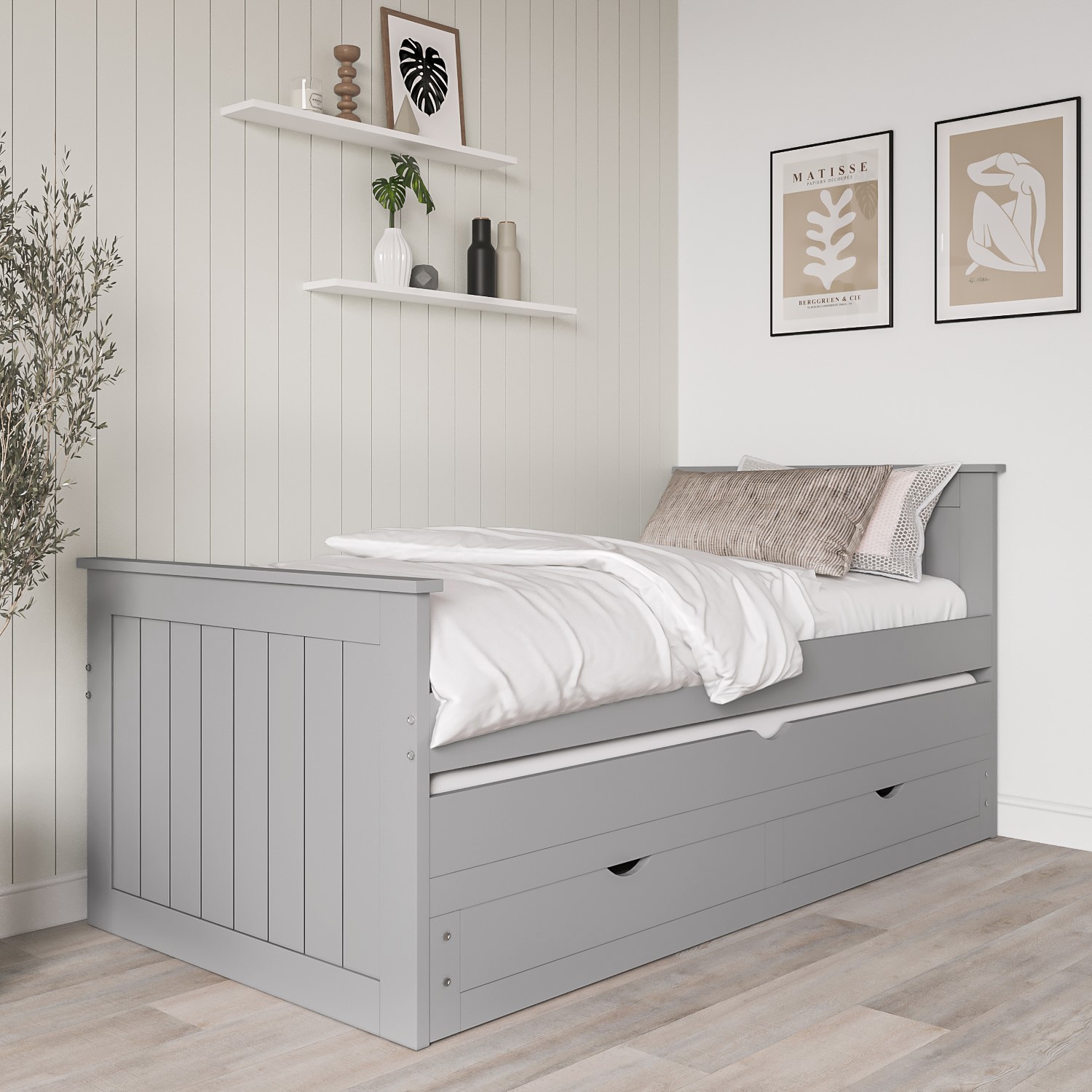 Single Wooden Guest Bed with Storage and Trundle – Sander Single bed Single single bed with drawers julood art